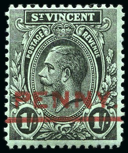 Stamp of St. Vincent 1915 1d on 1s black and green, showing "ONE" omitted variety, unused