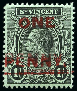 Stamp of St. Vincent 1915 1d on 1s black and green, showing "PENNY" and bar double unused