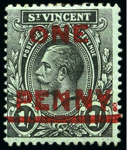 Stamp of St. Vincent 1915 1d on 1s black and green, showing "PENNY" and bar double