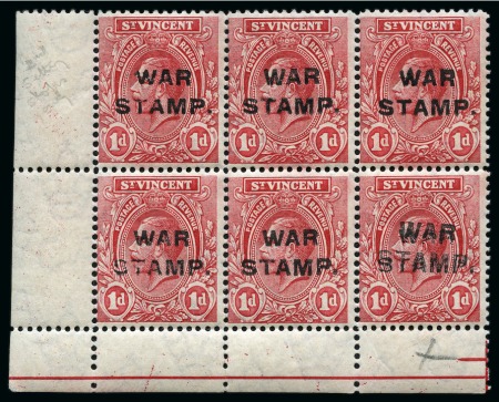 Stamp of St. Vincent 1916 WAR TAX 1d carmine-red, bottom left corner sheet marginal block of six, one showing double overprint