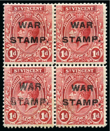 Stamp of St. Vincent 1916 WAR TAX 1d carmine-red, block of four, one showing double overprint, unused