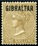 Stamp of Gibraltar 1886 1/2d to 1s mint group incl. 1/2d (7), 1d (6 + 1 used), 2d (4), 2 1/2d (3 + 1 used), 4d (4), 6d (2) and 1s (3)