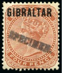 Stamp of Gibraltar 1886 4d, 6d and 1s with seriffed SPECIMEN hs, ex DLR archives