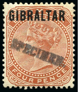 Stamp of Gibraltar 1886 4d, 6d and 1s with seriffed SPECIMEN hs, ex DLR archives