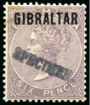 Stamp of Gibraltar 1886 4d, 6d and 1s with seriffed SPECIMEN hs, ex DLR archives