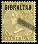 Stamp of Gibraltar 1886 4d, 6d and 1s with seriffed SPECIMEN hs, ex DLR archives
