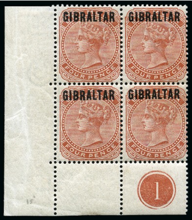 Stamp of Gibraltar 1886 4d Orange-Brown in mint lower left corner marginal plate block of four