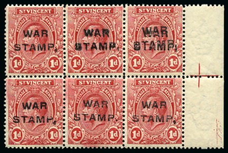Stamp of St. Vincent 1916 WAR TAX 1d carmine-red, left corner sheets marginal block of six, one showing double overprint