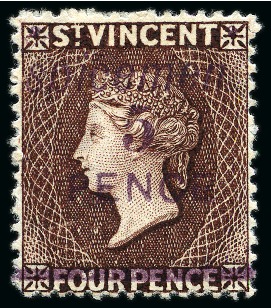 Stamp of St. Vincent 1892 Provisional Issue: 5d. on 4d. chocolate, showing "SPICEMEN" for "SPECIMEN" error, unused
