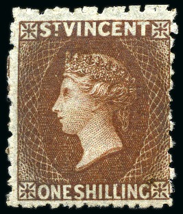Stamp of St. Vincent 1869 1s brown, three singles, unused without gum to large part gum