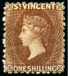 Stamp of St. Vincent 1869 1s brown, three singles, unused without gum to large part gum