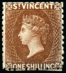 Stamp of St. Vincent 1869 1s brown, three singles, unused without gum to large part gum