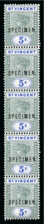 Stamp of St. Vincent 1899 Wmk CA 1/2d to 5s complete set of nine in vertical strips of five, all with SPECIMEN ovpts