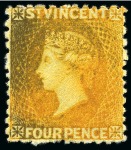 Stamp of St. Vincent 1869 4d. yellow, six unused single, all without gum to large part gum