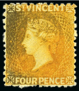 Stamp of St. Vincent 1869 4d. yellow, six unused single, all without gum to large part gum