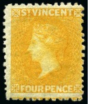 Stamp of St. Vincent 1869 4d. yellow, six unused single, all without gum to large part gum