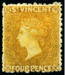 Stamp of St. Vincent 1869 4d. yellow, six unused single, all without gum to large part gum