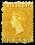 Stamp of St. Vincent 1869 4d. yellow, six unused single, all without gum to large part gum