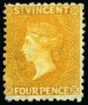 Stamp of St. Vincent 1869 4d. yellow, six unused single, all without gum to large part gum