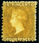 Stamp of St. Vincent 1869 4d. yellow, six unused single, all without gum to large part gum