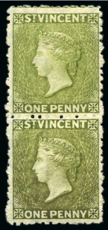 Stamp of St. Vincent 1880 1d. olive-green, vertical pair, unused with large part original gum