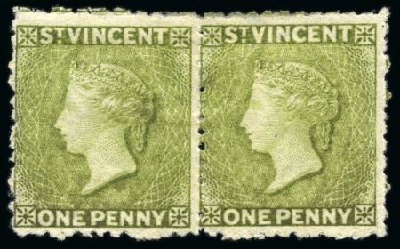 Stamp of St. Vincent 1880 1d. olive-green, horizontal pair, unused with large part original gum