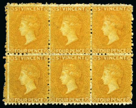 Stamp of St. Vincent THE LARGEST RECORDED MULTIPLE: 1869 4d. yellow, a block of six, unused with part original gum