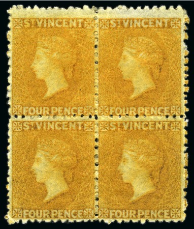 Stamp of St. Vincent ONE OF ONLY THREE BLOCK OF FOUR RECORDED: 1869 4d. yellow, block of four with part to large part original gum