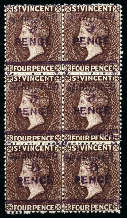 Stamp of St. Vincent 1892 Provisional Issue: 5d. on 4d. chocolate, block of six each showing SPECIMEN ovpt, unused