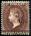 Stamp of St. Vincent 1892 Provisional Issue: 5d. on 4d. chocolate, two singles and one with Specimen ovpt, unused