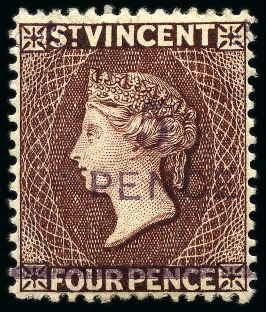 Stamp of St. Vincent 1892 Provisional Issue: 5d. on 4d. chocolate, two singles and one with Specimen ovpt, unused