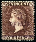 Stamp of St. Vincent 1892 Provisional Issue: 5d. on 4d. chocolate, two singles and one with Specimen ovpt, unused