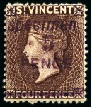 Stamp of St. Vincent 1892 Provisional Issue: 5d. on 4d. chocolate, two singles and one with Specimen ovpt, unused