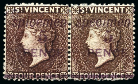 Stamp of St. Vincent 1892 Provisional Issue: 5d. on 4d. chocolate, horizontal pair, left stamp showing "SPICEMEN" for SPECIMEN error