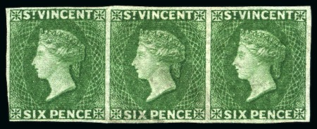 Stamp of St. Vincent 1862 6d deep green, imperforate horizontal strip of three, unused