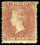 Stamp of St. Vincent 1861 1d. rose-red, four singles, all unused without gum to part original gum