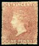 Stamp of St. Vincent 1861 1d. rose-red, four singles, all unused without gum to part original gum