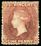 Stamp of St. Vincent 1861 1d. rose-red, four singles, all unused without gum to part original gum