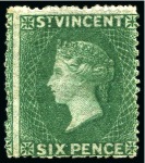 Stamp of St. Vincent 1862 6d. deep green, five singles, all unused without gum to part original gum