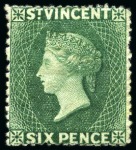 Stamp of St. Vincent 1862 6d. deep green, five singles, all unused without gum to part original gum