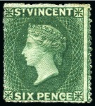 Stamp of St. Vincent 1862 6d. deep green, five singles, all unused without gum to part original gum