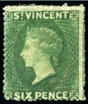 Stamp of St. Vincent 1862 6d. deep green, five singles, all unused without gum to part original gum