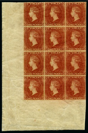 Stamp of St. Vincent 1861 1d. rose-red, lower left corner sheet marginal block of twelve, variety imperforate