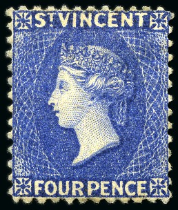 Stamp of St. Vincent 1883-84 4d. ultramarine-blue, showing reversed wmk, unused part original gum