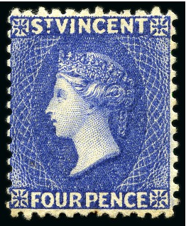 Stamp of St. Vincent 1883-84 4d. ultramarine-blue, showing reversed wmk, unused large part original gum