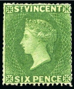 Stamp of St. Vincent 1861 6d. deep yellow-green, unused with small part original gum