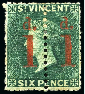 Stamp of St. Vincent 1880 (May) 1d. on half 6d. bright blue-green, an unsevered pair, unused with large part original gum