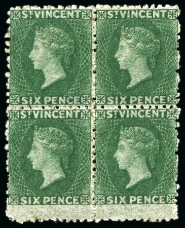 Stamp of St. Vincent 1862-68 6d. deep green, block of four with vivid bright shade, fine unused with part original gum