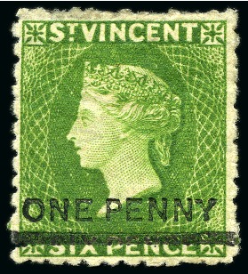 Stamp of St. Vincent 1881 "ONE PENNY" on 6d. bright green, unused with part original gum