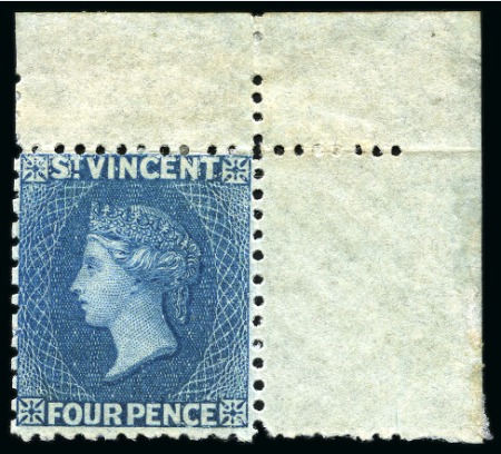 Stamp of St. Vincent 1862-68 4d. deep blue, unused with part original gum, top right corner sheet marginal single